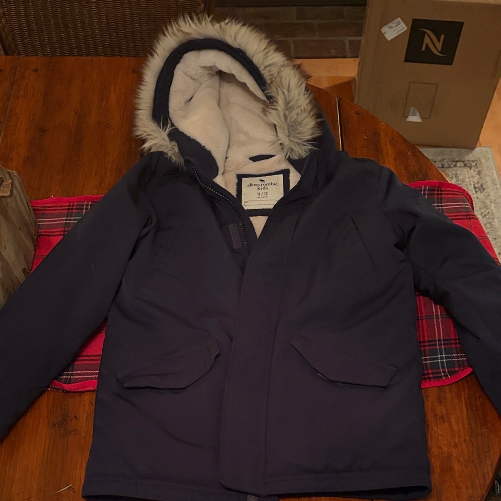 Abercrombie & Fitch Dark Blue Coat with Faux Fur Trim